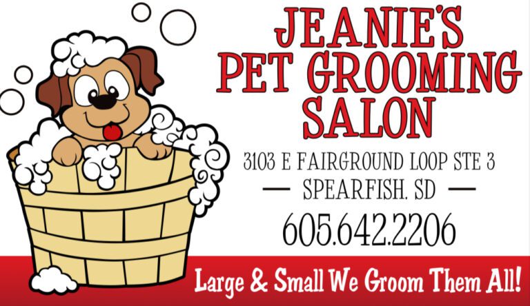 Red and White Jeanie's Pet Grooming Salon logo.